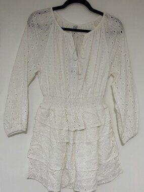 Cake For Dinner White Eyelet Long Sleeve Mini Ruffled Dress Size Medium NWT